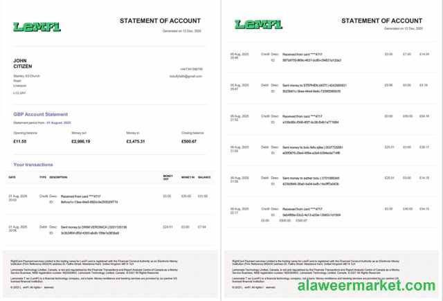 UK Lemfi account statement Word and PDF template, 2 pages